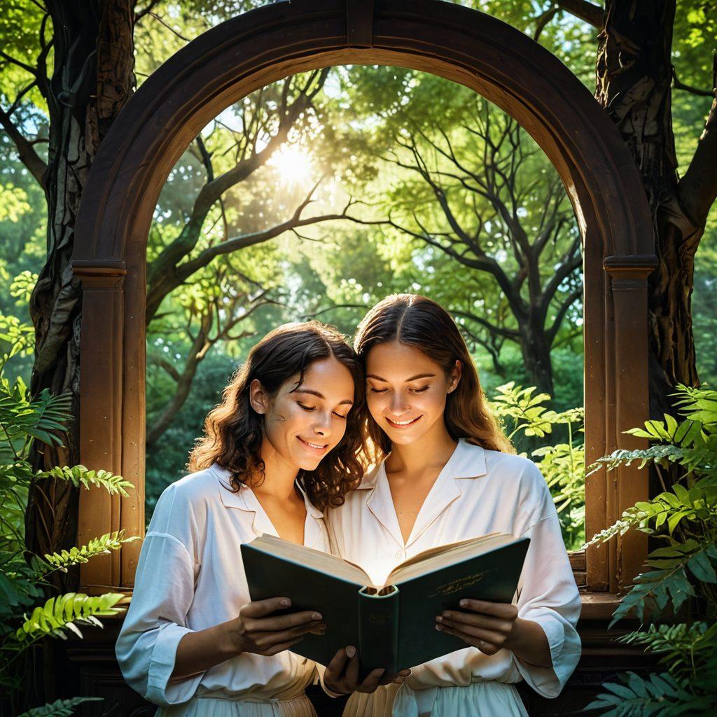 A serene scene depicting two individuals in a warm embrace, surrounded by nature, symbolizing connection and emotional well-being. Soft, glowing light filters through lush trees, highlighting their expressions of joy and understanding. In the background, subtle symbols of self-awareness, like mirrors and open books, are gently integrated into the setting. The overall mood is uplifting and harmonious. vibrant colors. super-realistic. tranquil atmosphere.