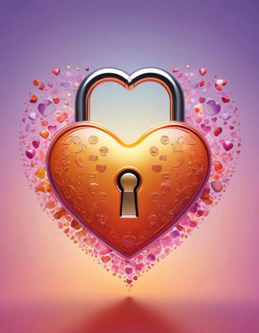 A colorful heart-shaped lock symbolizing lasting affection, surrounded by key elements of emotional intelligence such as open mind, empathy, and communication represented as glowing icons. In the background, a soft gradient depicting harmony and connection between diverse couples engaging warmly. Ethereal light shines down, emphasizing transformation and growth in relationships. super-realistic. vibrant colors. soft focus.