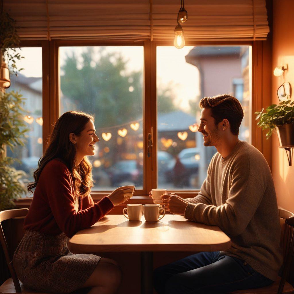 A warm and inviting scene of a couple sitting at a cozy table in a cafe, sharing laughter and deep conversation over coffee. Soft light filters through the window, highlighting their expressions of joy and affection. Include subtle elements like heart-shaped decorations and communication icons in the background to symbolize connection. Emphasize warmth and intimacy in the colors and atmosphere. super-realistic. vibrant colors. soft lighting.